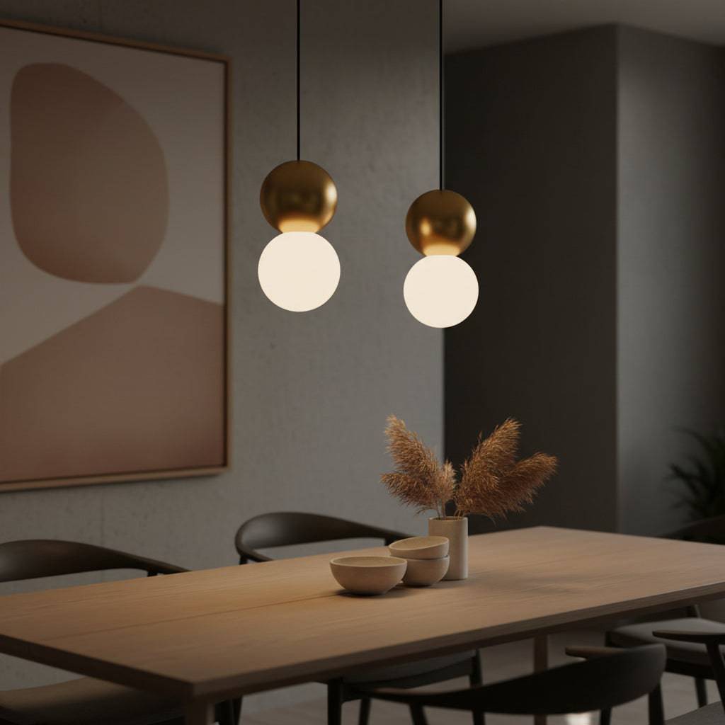 Gold round LED pendant lights above a dining room table in a modern home