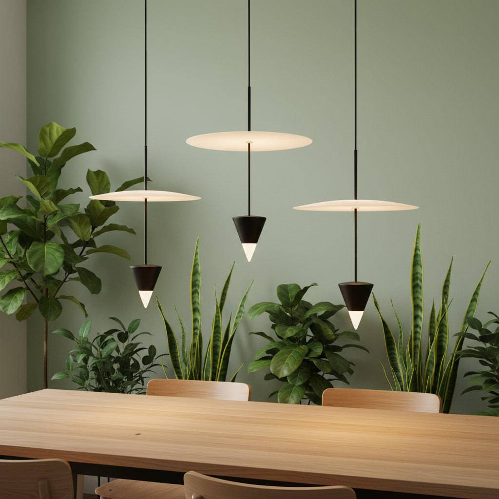 Suspended ceiling  light on a pale green background with plants and a table