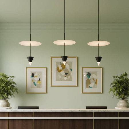 Suspended ceiling light above a hotel reception desk on a pale green back ground with plants and pictures