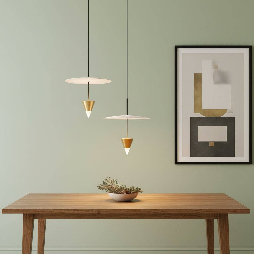 Modern gold pendant light on a pale green background above a table with a picture on the wall