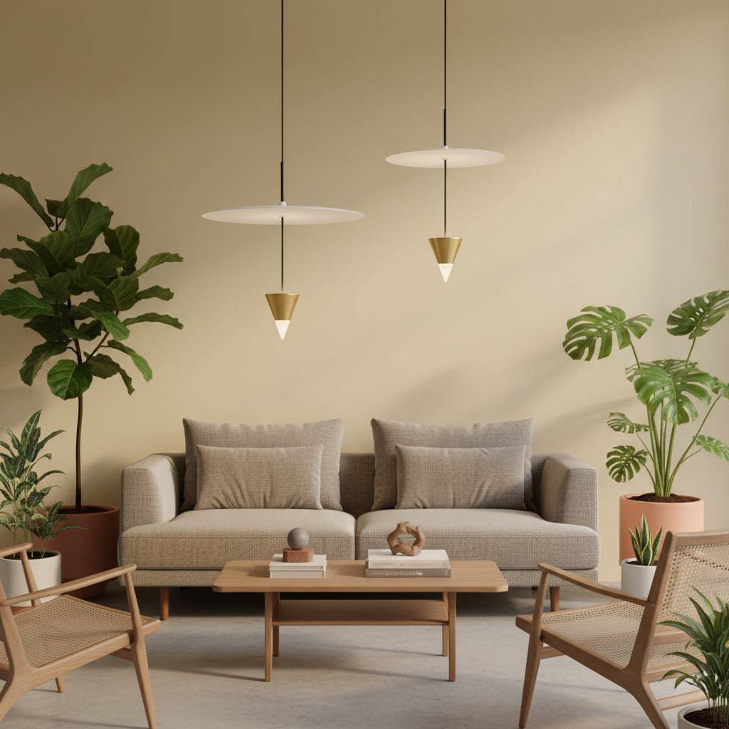 Modern gold pendant light above a sofa in a lounge area against a pale yellow wall