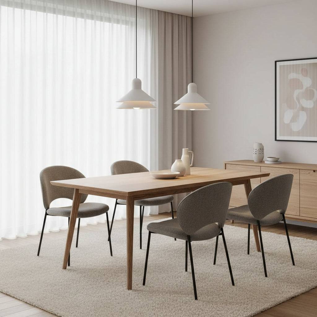 White ceiling pendant fitting two lights above a dining room table in a modern home