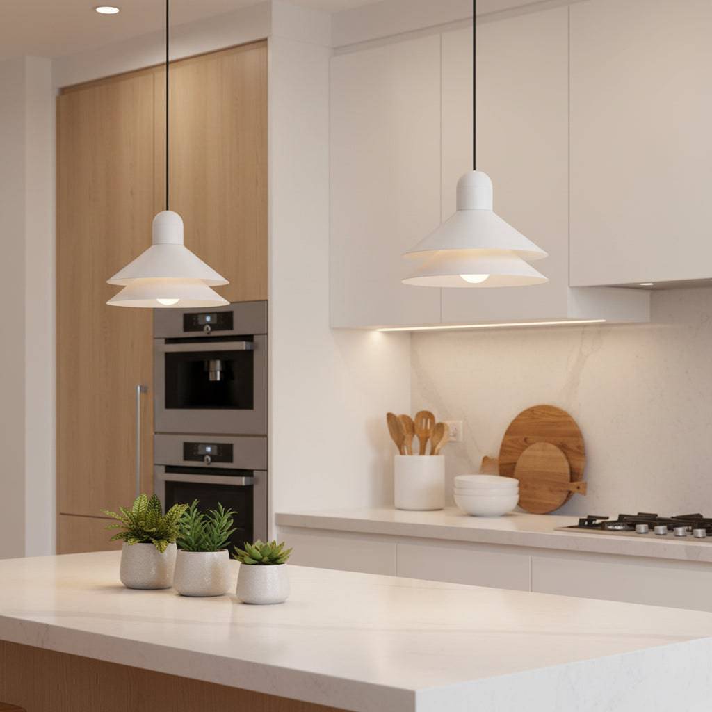 White ceiling pendant fitting in a kitchen above an island 