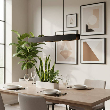 Black hanging pendant ceiling light above a dining room table with pictures and plants