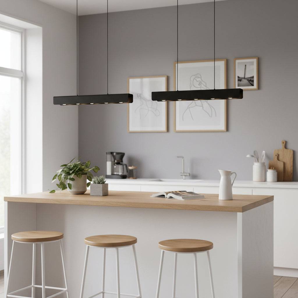 Black hanging pendant ceiling light above a kitchen breakfast bar 