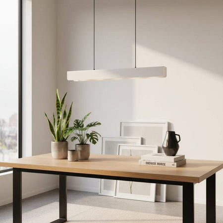 White modern hanging light fixture above a table with plants and books