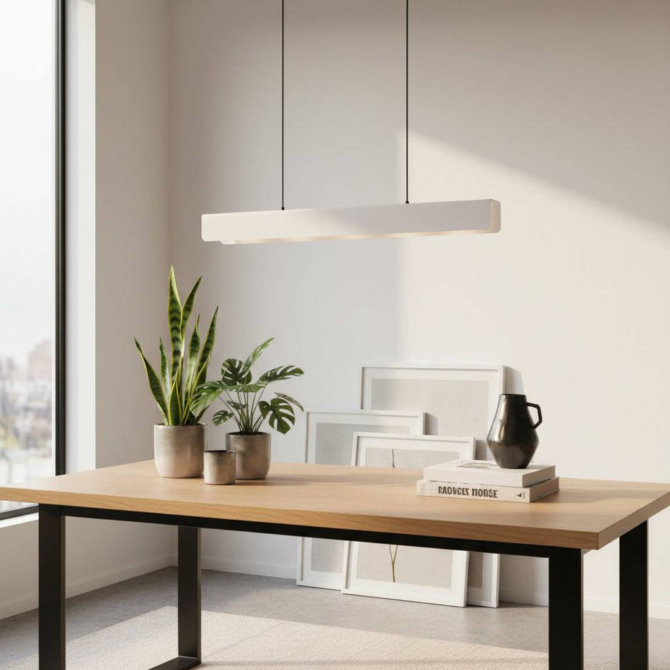 White modern hanging light fixture above a table with plants and books