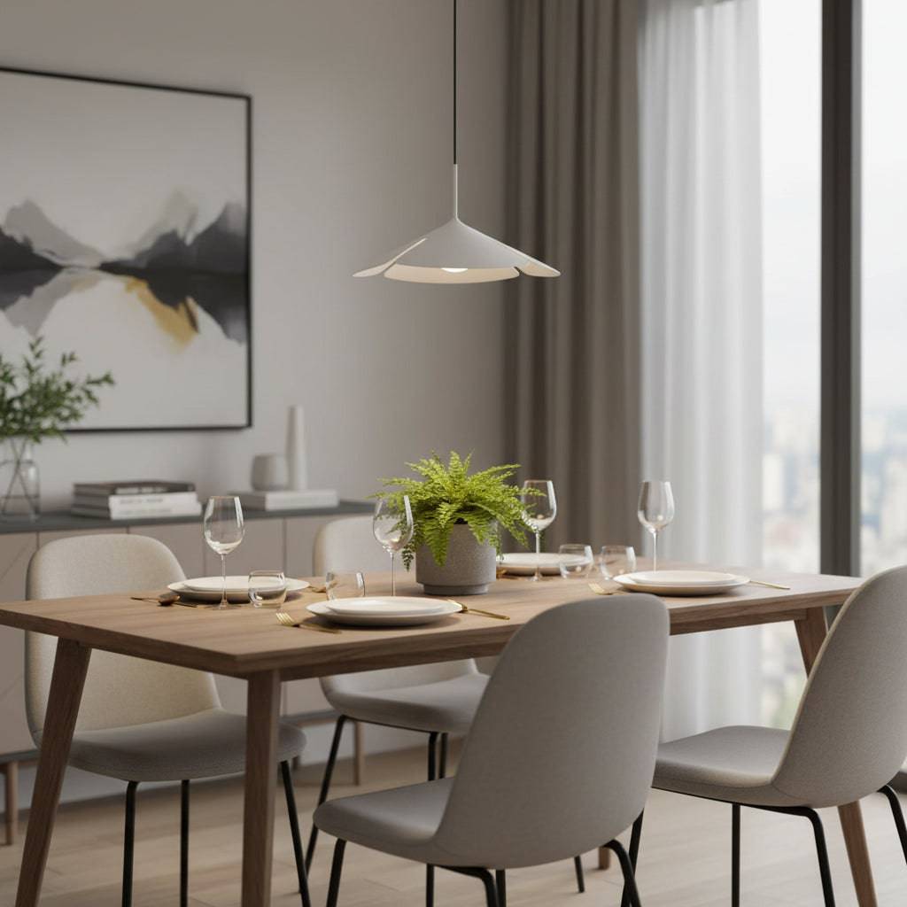 White pendant light fitting above a dining room table with tableware in place