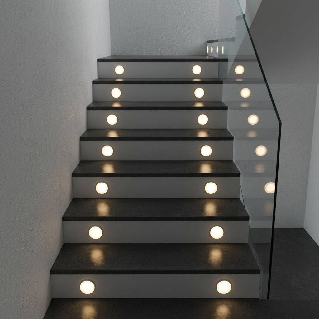 stair tread light mounted on stair risers of a modern indoor staircase