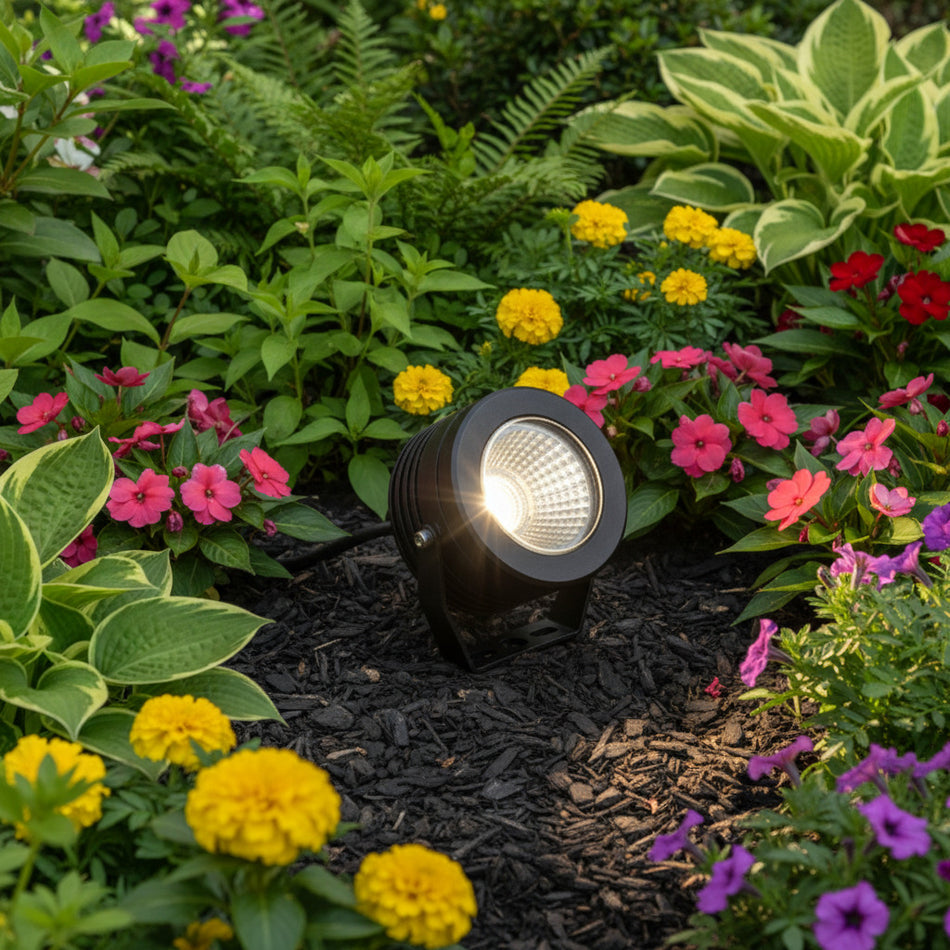 black spike spotlight on the ground in a garden border 