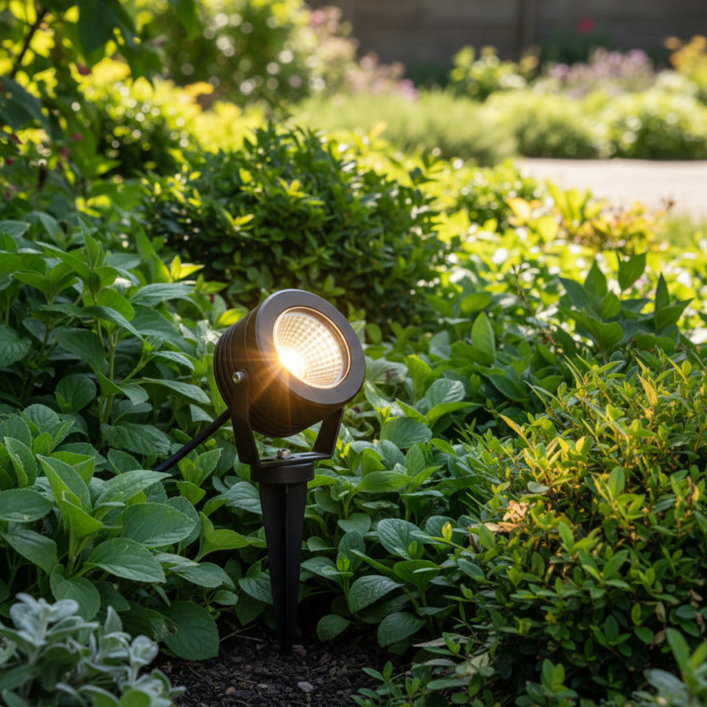 black spike spotlight installed in a gardne border among plants 