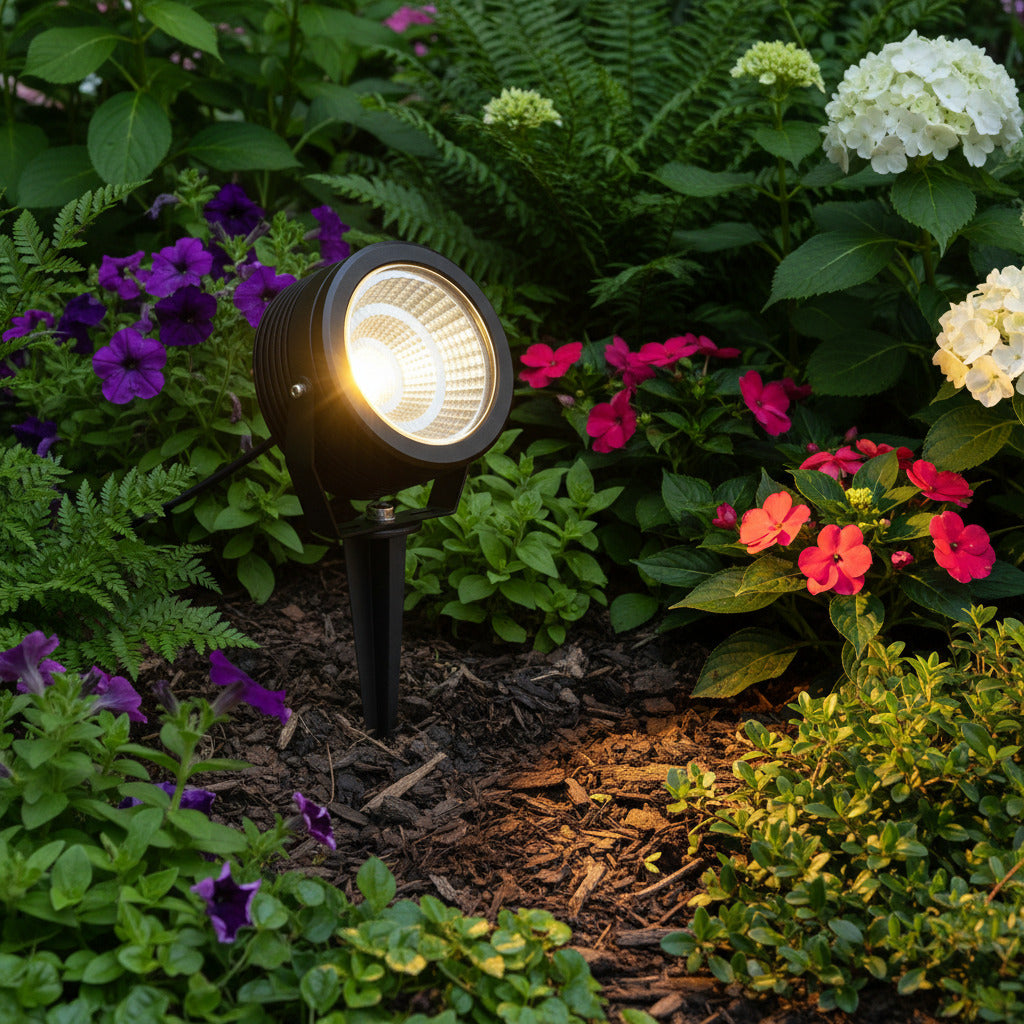 black pathway stake light installed in a garden border 