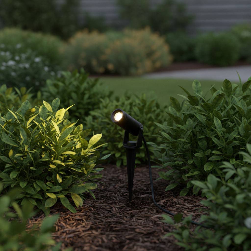 black exterior spike light mounted in a garden border 