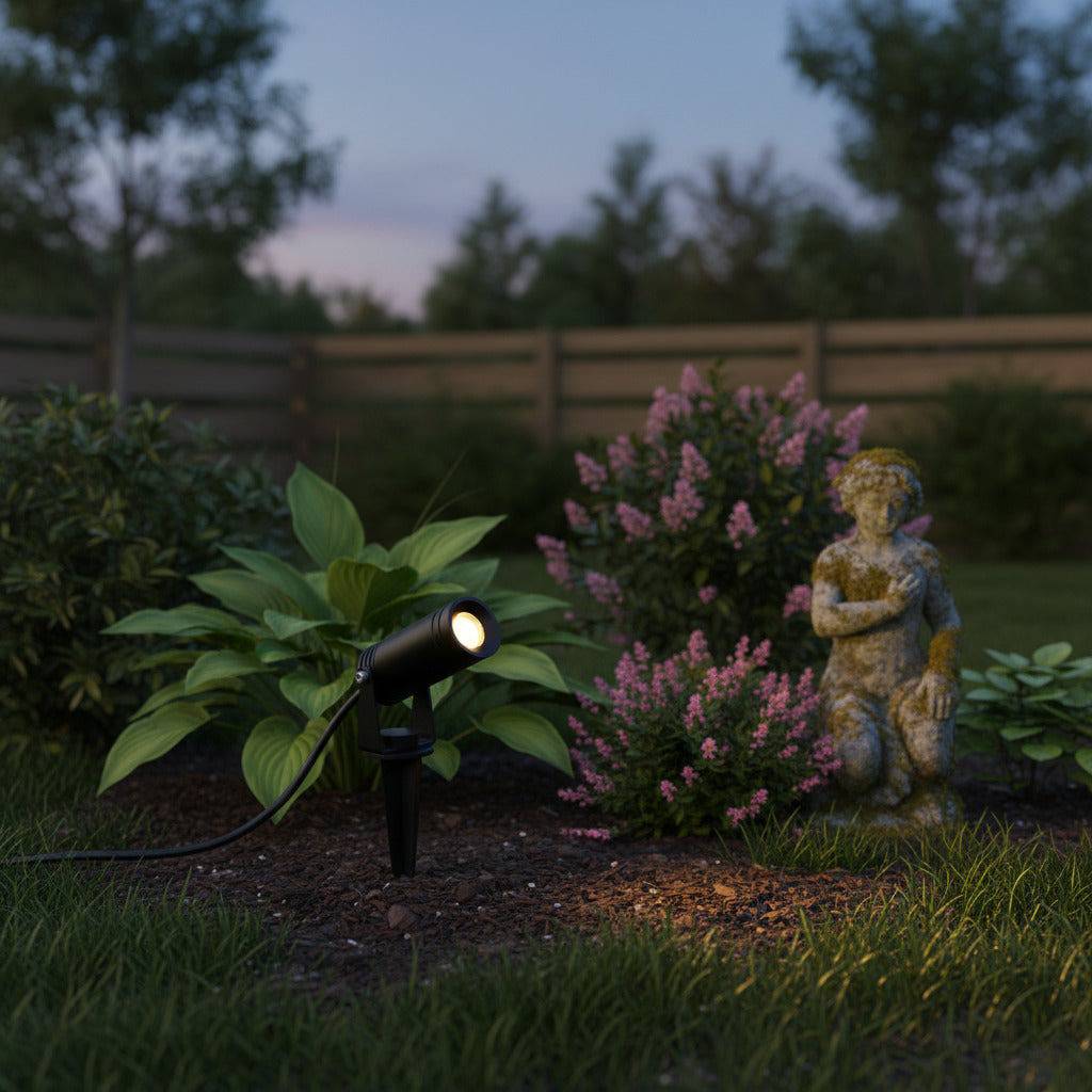 black exterior spike light shown in a garden border at night