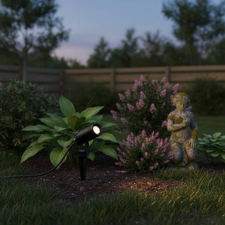 black exterior spike light shown in a garden border at night