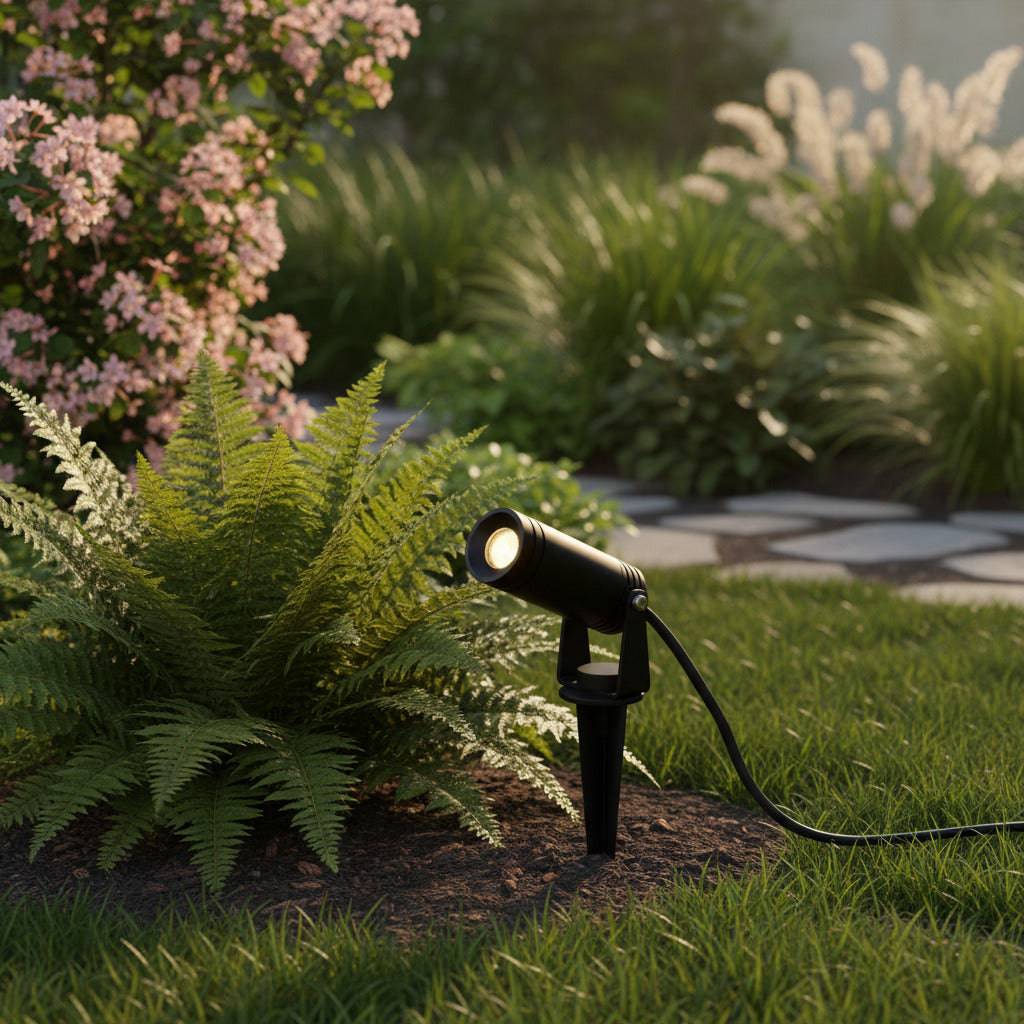 black exterior spike light installed in a green garden border area