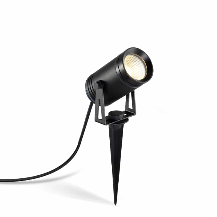 black LED stake light on a white background
