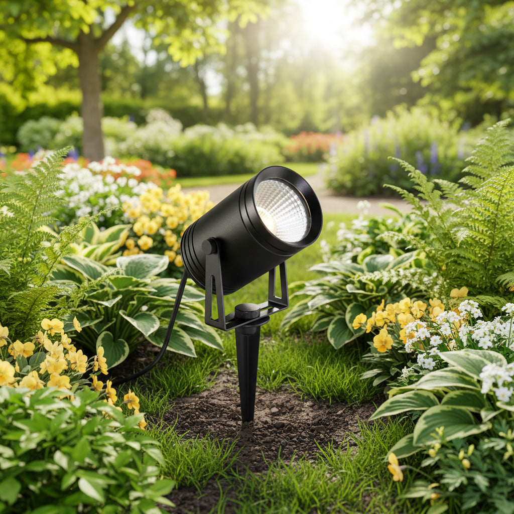 black stake light for the garden installed amongst plants 