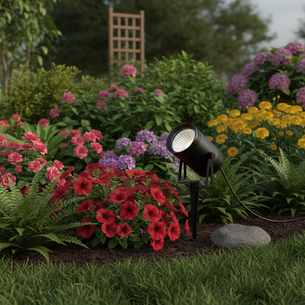 black stake light for the garden installed in a garden border with flowers 