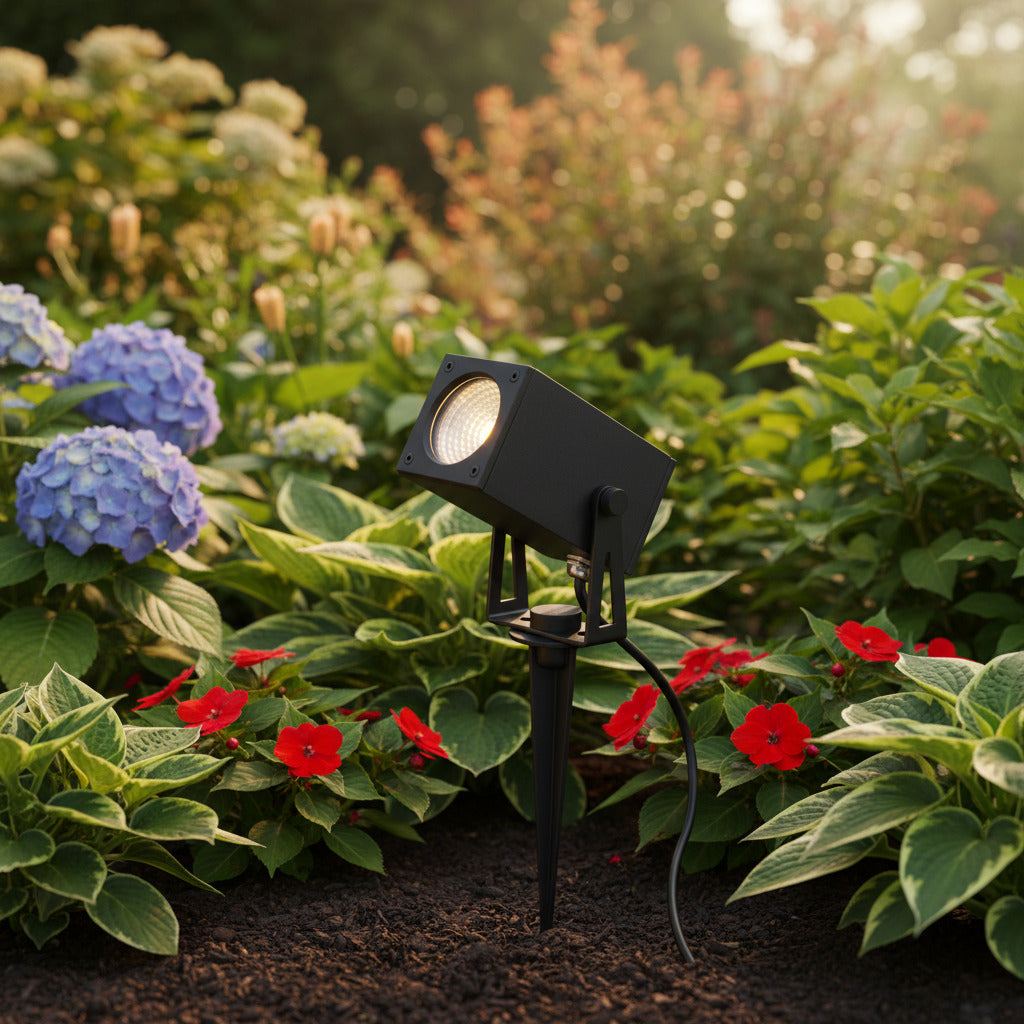 black outdoor spike garden lighting in a garden border 