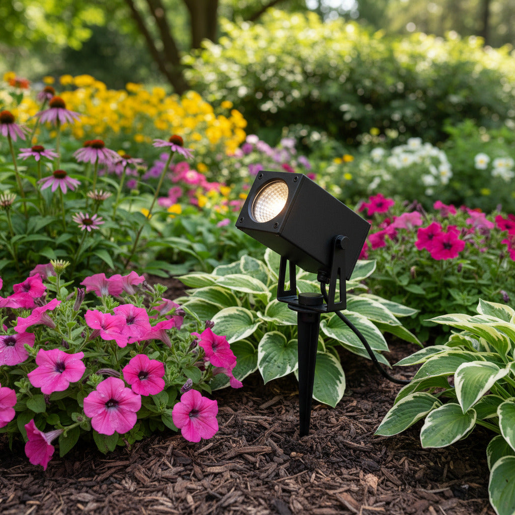 black outdoor spike garden light installed in a summer planted garden border
