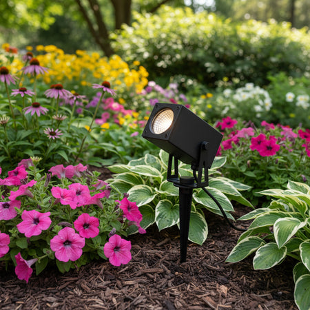 black outdoor spike garden light installed in a summer planted garden border