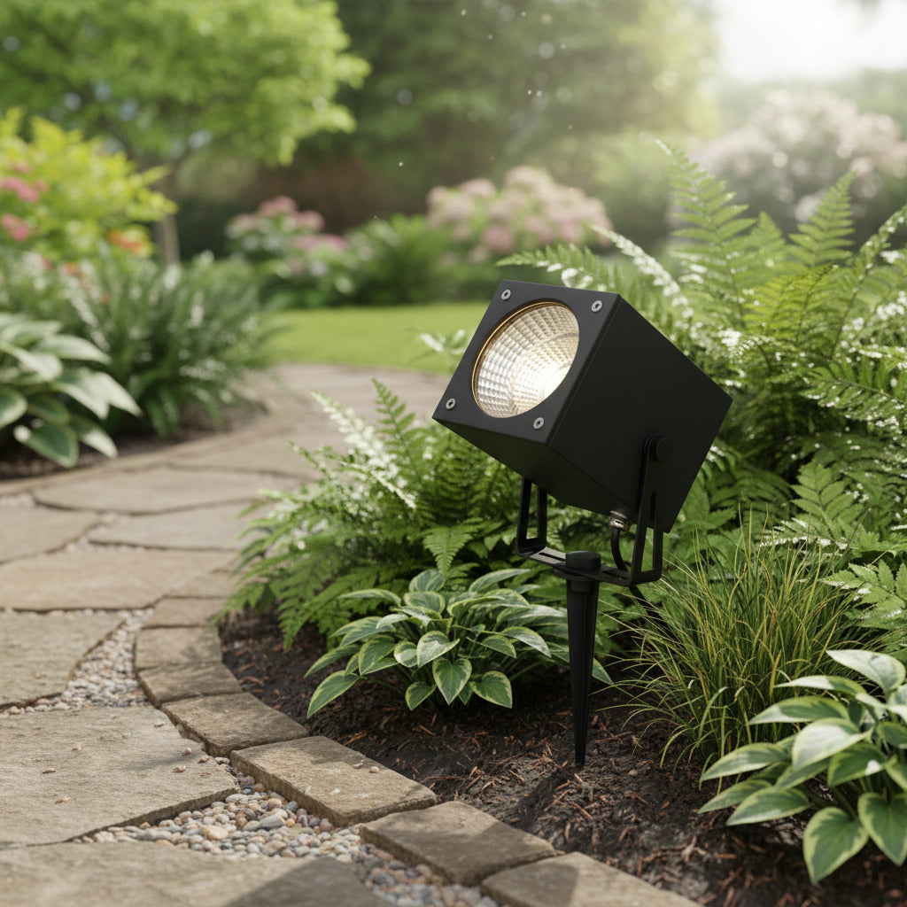 black driveway stake light installed alongside a pathway 