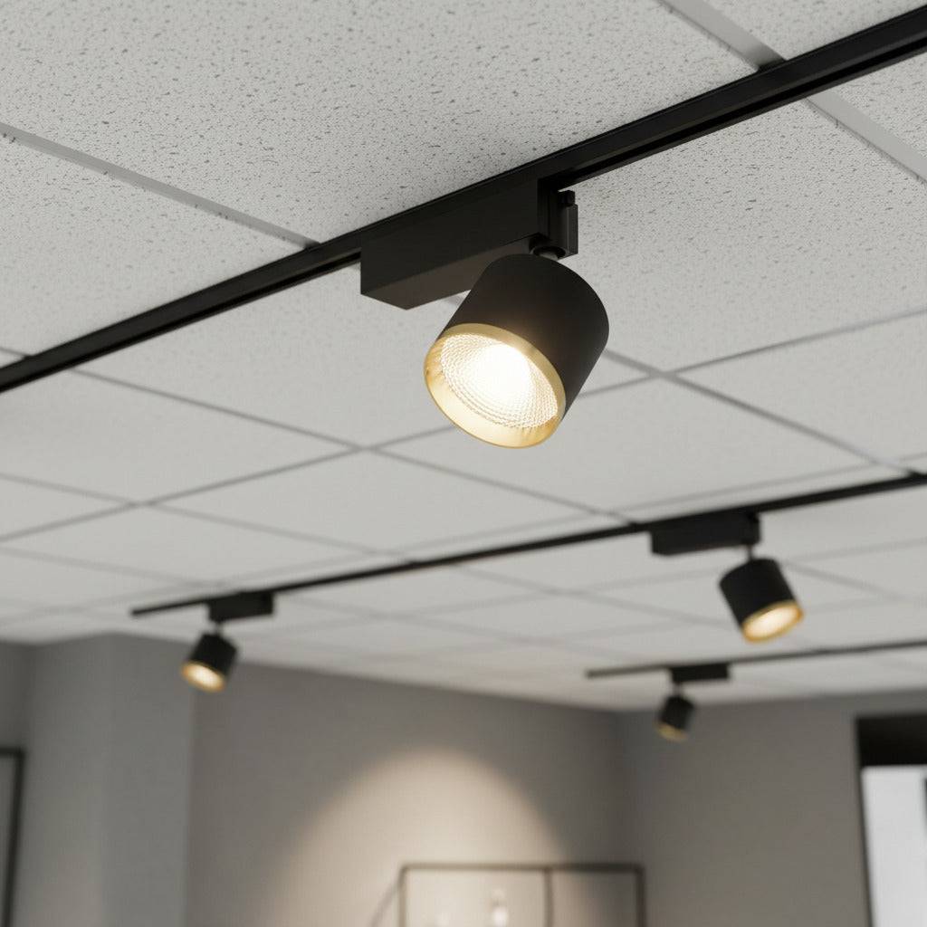 black and gold LED ceiling track spotlight mounted on a suspended ceiling 