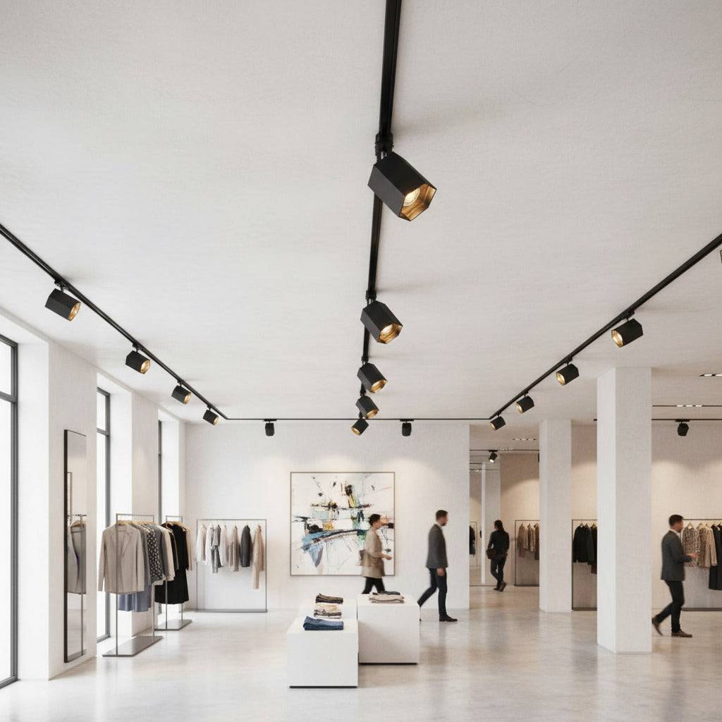 black LED track light mounted on the ceiling in a clothing store 