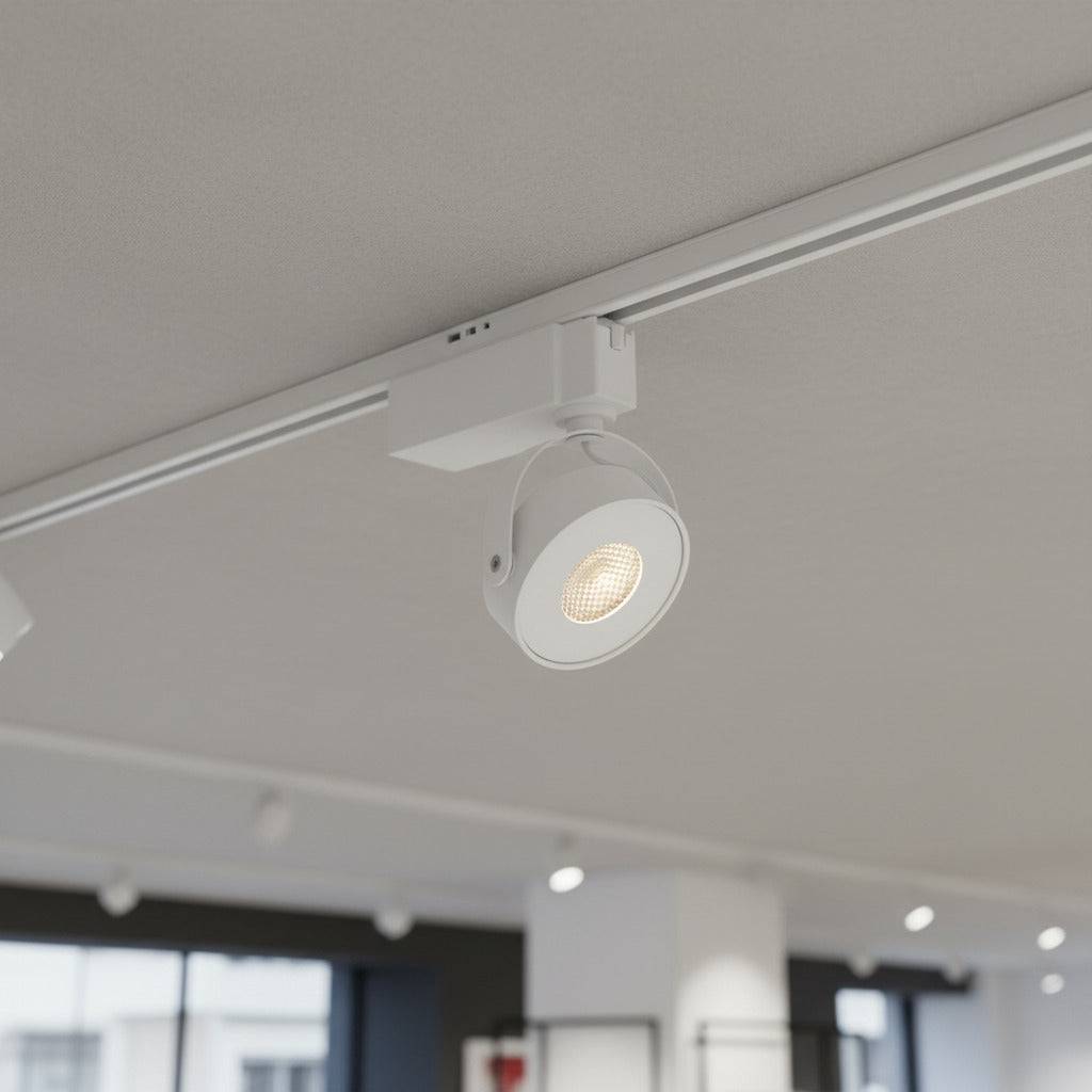white slimline track lighting fitting mounted on the ceiling of a retail store 