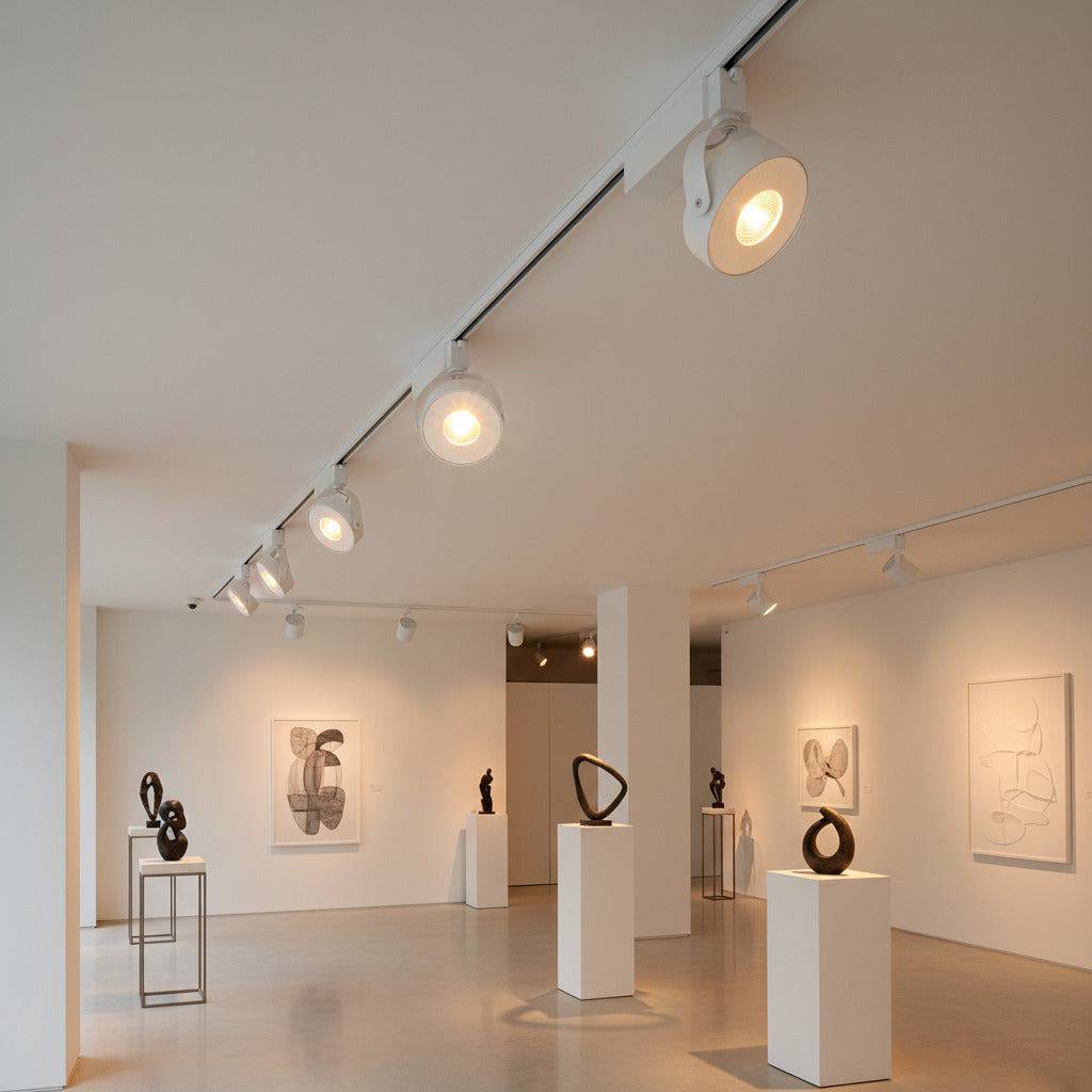 white track lighting fitting mounted on the ceiling in an art gallery