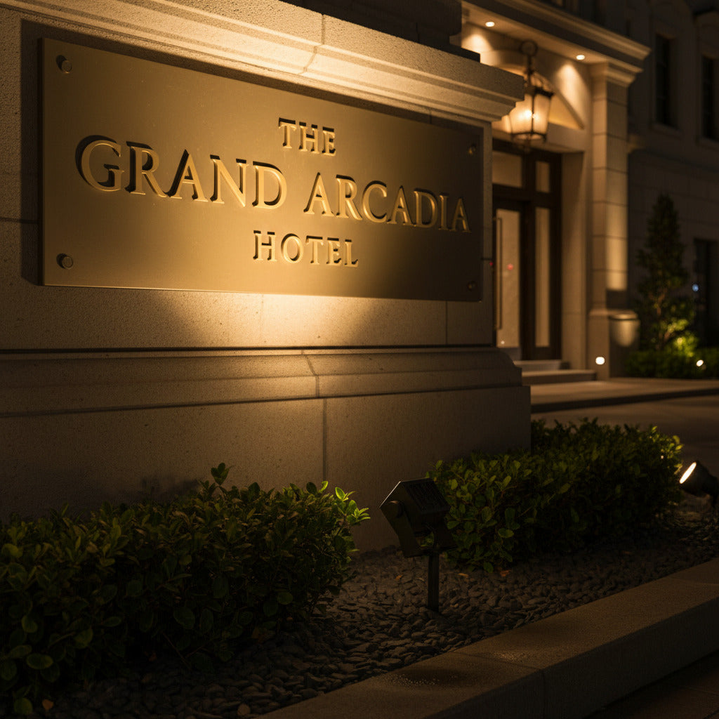 black garden stake light lighting up a sign outside of a hotel 