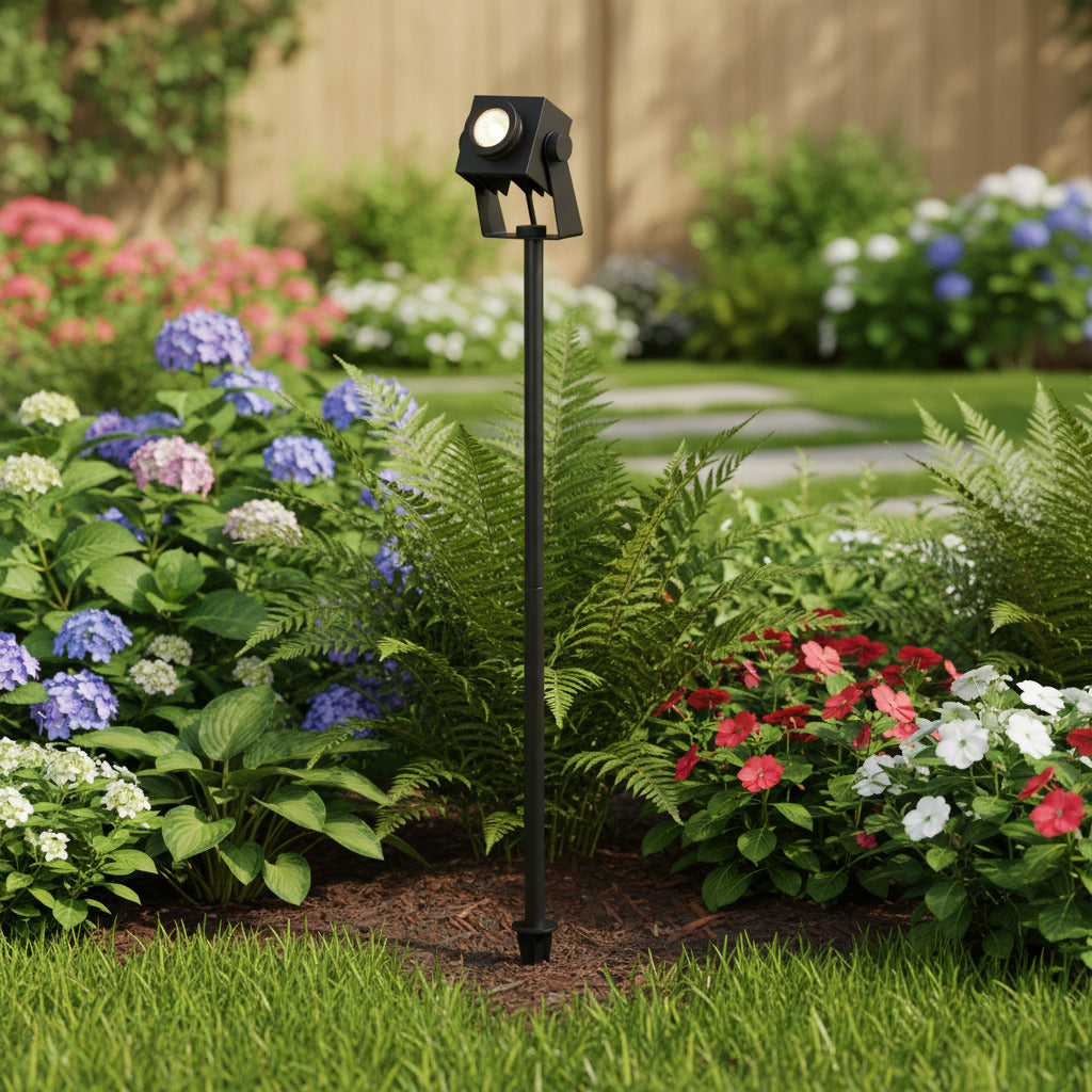 black ground spike light installed in a garden border among flowers