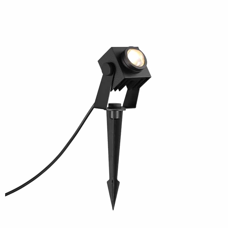 black LED garden stake light on a white background
