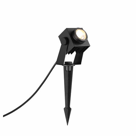 black LED garden stake light on a white background
