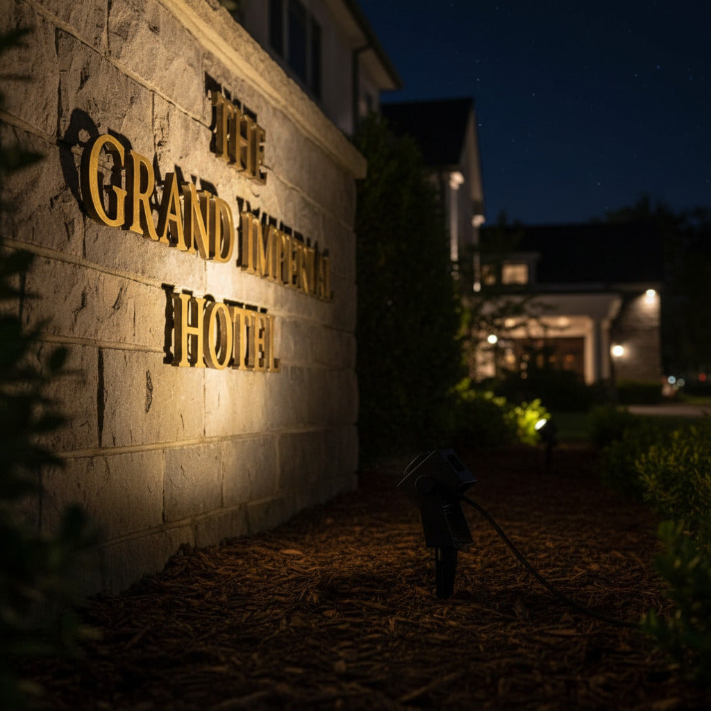 black LED gardne stake light lighting up a sign on the wall outside of a hotel 