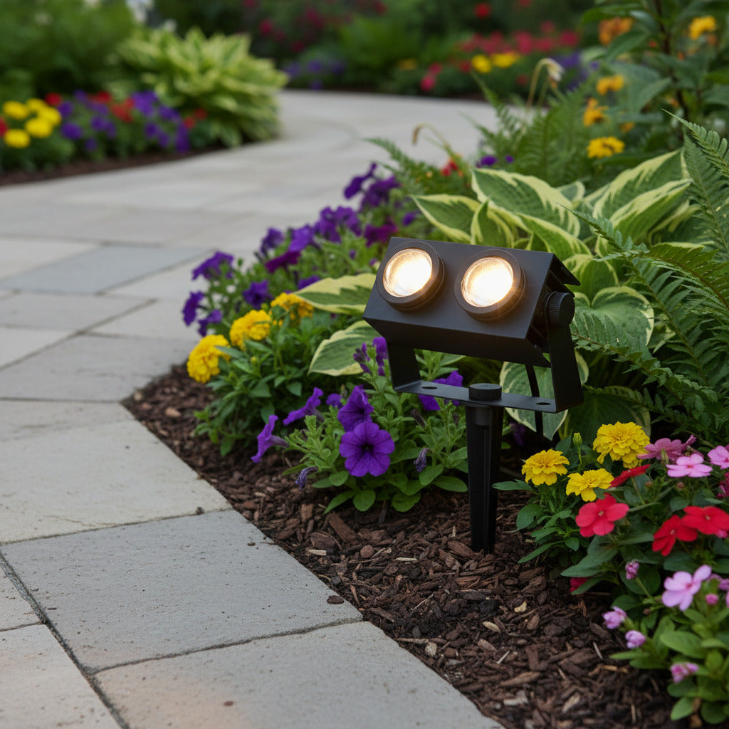 Black twin garden spike light mounted in a garden border next to a garden pathway 