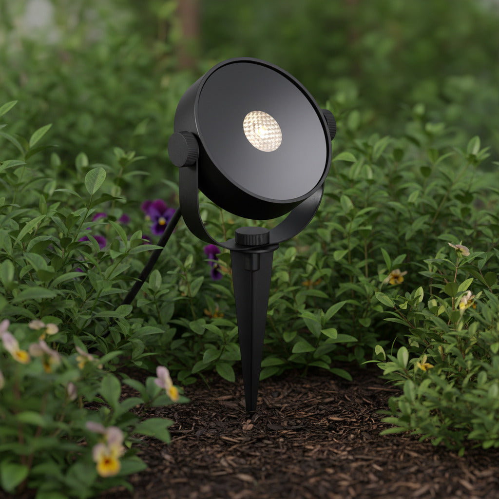 black garden spike spotlight installed in a garden border