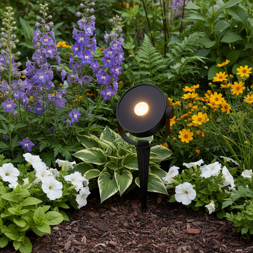 black garden spike spotlight installed in a planted garden border