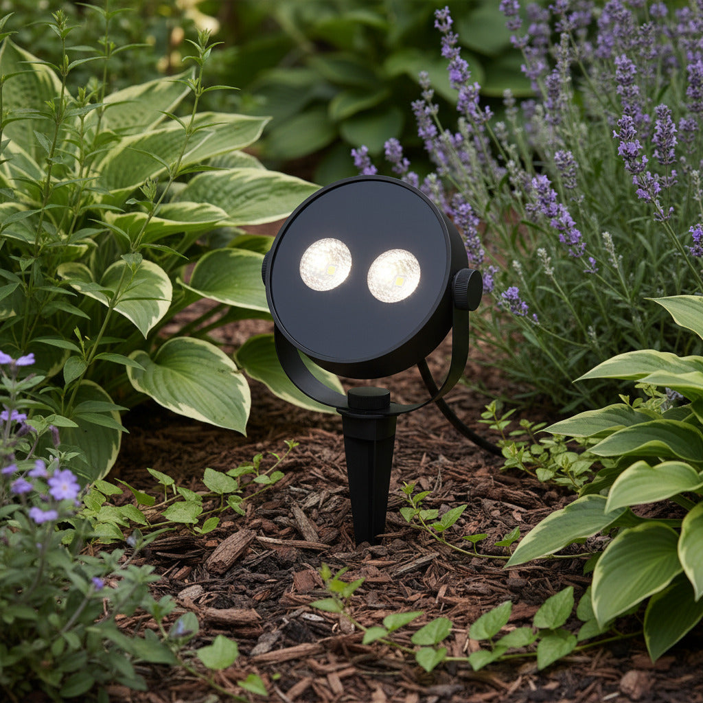 black landscape stake light shown in a garden border amoung plants 