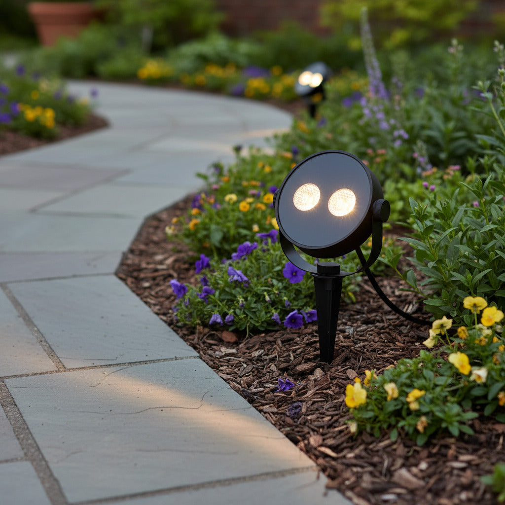 black landscape stake light fitted in the border alongside a garden path 