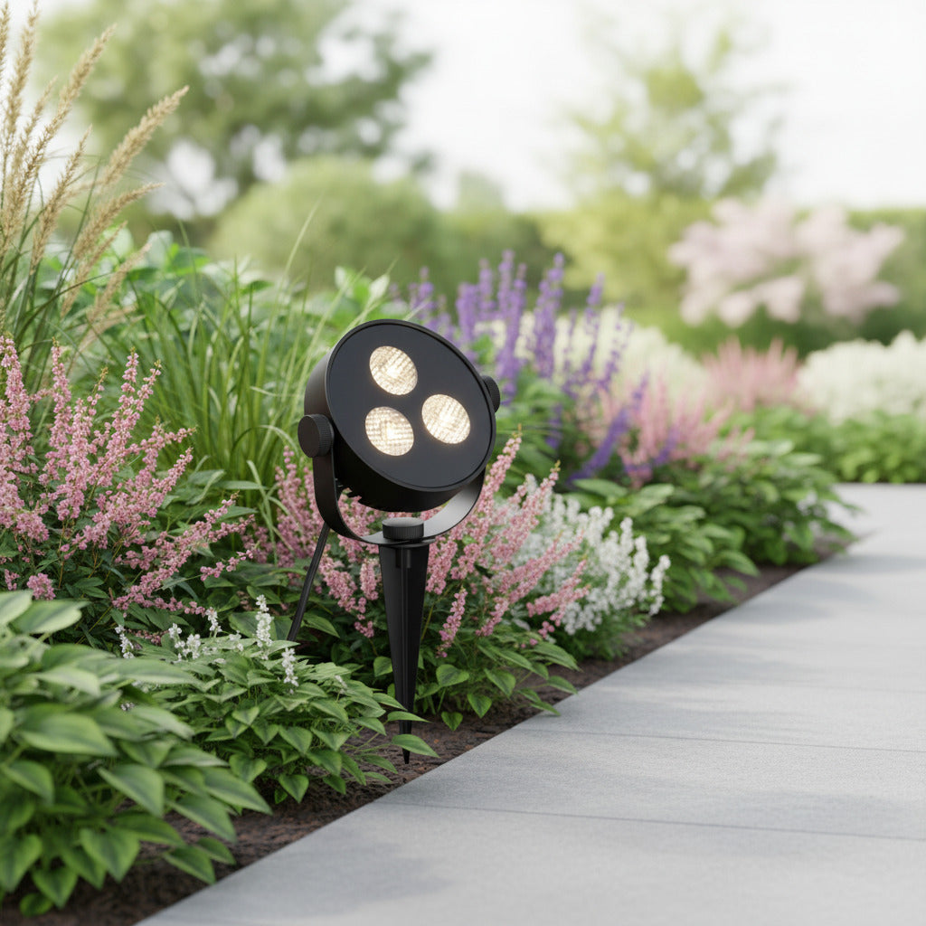black LED ground spike light installed alonjgside a garden pathway 