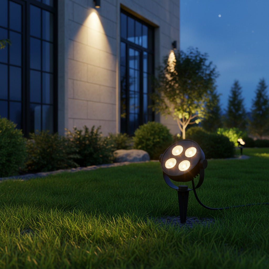 black electric garden spike light illuminating the outside of a commercial building