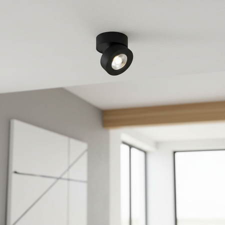 black adjustable surface mounted downlight on the ceiling of a modern home
