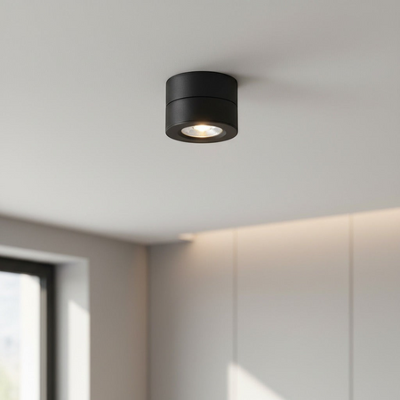 black adjustable surface mounted downlight mounted on a white ceiling
