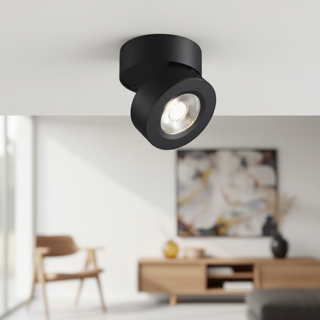 black adjustable surface mounted downlight installed on the ceiling in a house