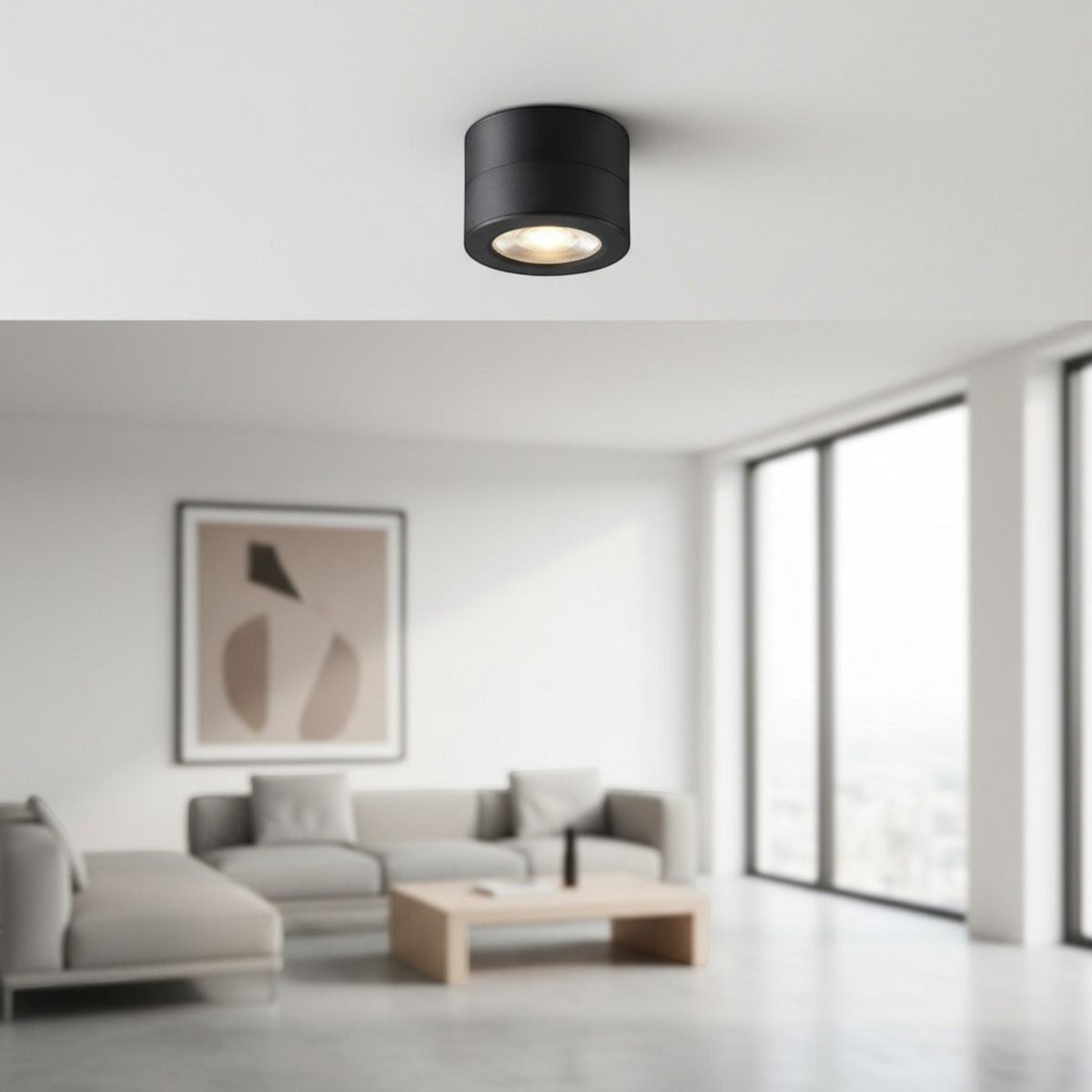black adjustable ceiling lamp installed in the living room of a home