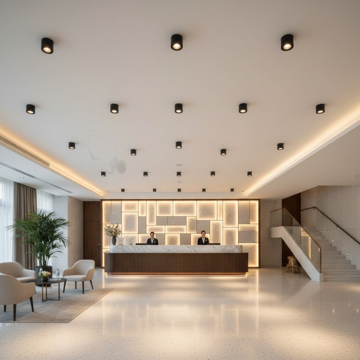 black adjustable ceiling lamp installed in a hotel reception