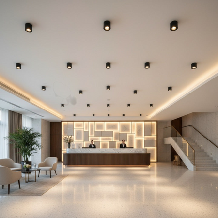 black adjustable ceiling lamp installed in a hotel reception