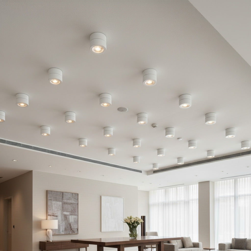 white surface mount adjustable spotlight mounted on the ceiling in a hotel reception area